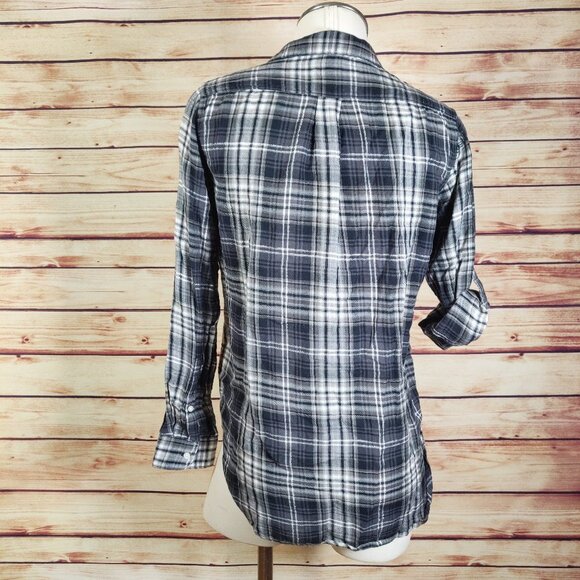 Grey GAP Plaid Flannel Roll Tab 3/4 Sleeve Blouse with Silver Accent Thread - Picture 7 of 11